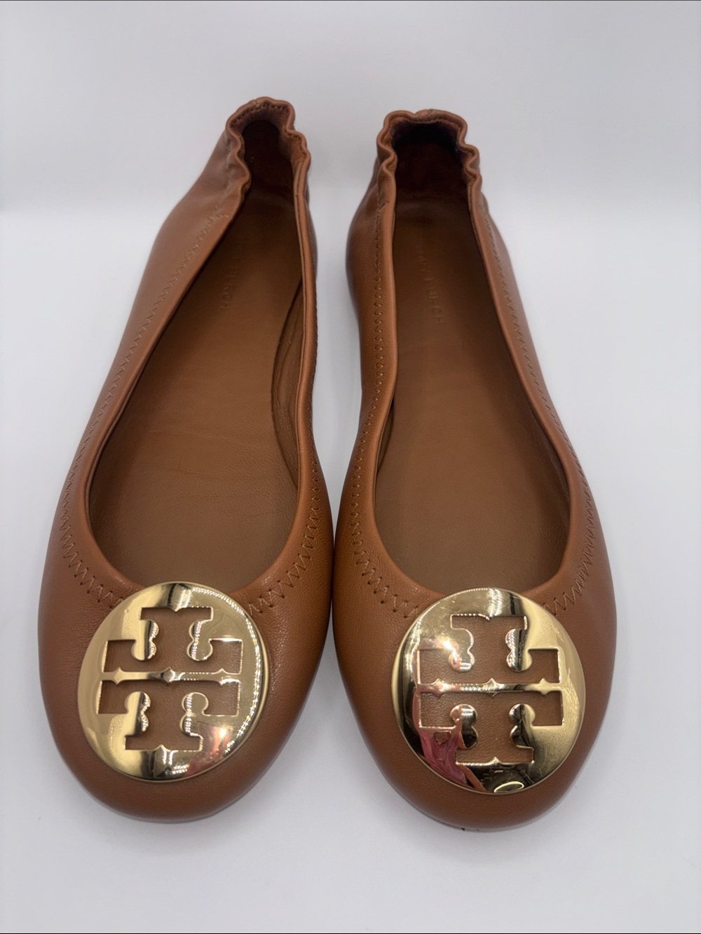 Tory Burch Toffee Leather Ballet Flats with Gold Logo Emblem